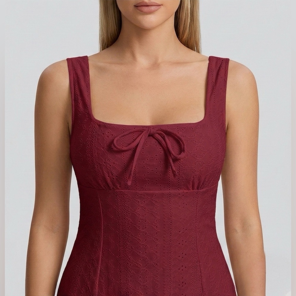 Square Neck  Eyelet  A-Line Sun Dress Burgundy - Picture 3 of 10